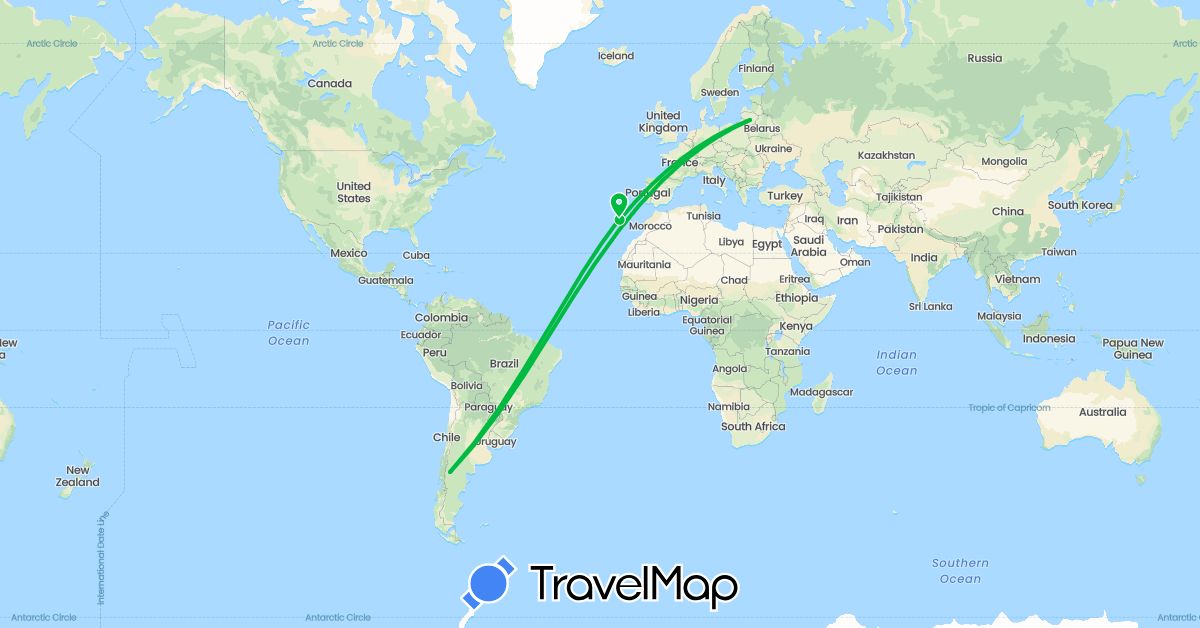 TravelMap itinerary: driving, bus in Argentina, Lithuania, Portugal (Europe, South America)